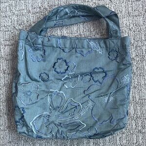 Floral Embroidered Blue Tote Bag